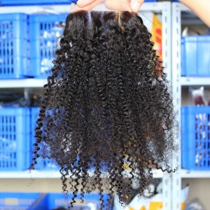 Malaysian Virgin Hair Afro Kinky Curly Three Part Lace Closure 4x4inches Natural Color