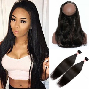 Pre Plucked 360 Lace Frontal Closure With 2 Bundles Brazilian Straight Human Virgin Hair