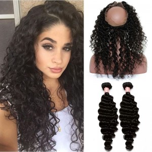 Brazilian Virgin Hair Deep Wave Pre Plucked 360 Circle Lace Frontal With Two Bundles