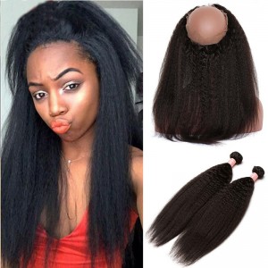 Kinky Straight 360 Lace Frontal Closure With 2 Bundles 100% Brazilian Human Virgin Hair