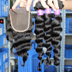 Loose Wave Brazilian Virgin Hair Middle Part Lace Closure with 3pcs Hair Weaves