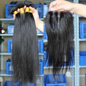 Malaysian Virgin Hair Silky Straight Three Part Lace Closure with 3pcs Weaves