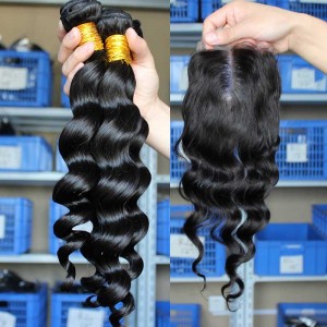 Malaysian Virgin Hair Loose Wave Middle Part Lace Closure with 3pcs Weaves