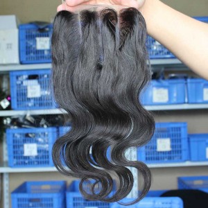 Natural Color Body Wave Brazilian Virgin Hair Three Part Lace Closure 4x4inches