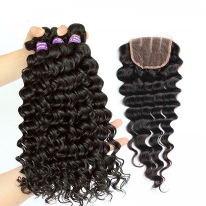 Deep Wave Brazilian Virgin Hair Free Part Lace Closure with 3pcs Weaves 