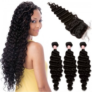 Brazilian Virgin Hair with Closure Deep Wave 3 Bundles with 1 closure Natural Color