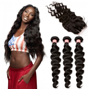 Brazilian Virgin Human Hair Extensions Loose Wave 3 Bundles with 1 closure Natural Color Body Wave