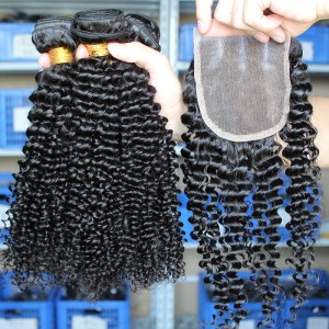 Brazilian Virgin Human Hair Kinky Curly Lace Closure with 3pcs Hair Weaves 