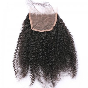 Mongolian Virgin Hair Afro Kinky Curly Three Part Lace Closure 4x4inches Natural Color 