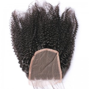 Indian Remy Hair Afro Kinky Curly Three Part Lace Closure 4x4inches Natural Color