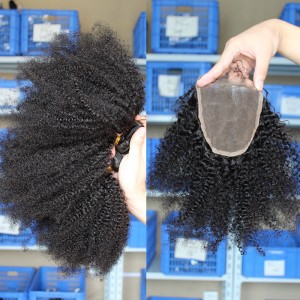 Indian Virgin Hair Afro Kinky Curly Three Part Lace Closure with 3pcs Weaves