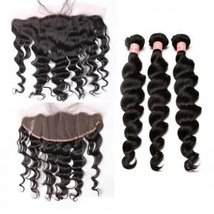 Natural Color Malaysian Virgin Hair Loose Wave Lace Frontal Closure With 3Pcs Hair Weaves 