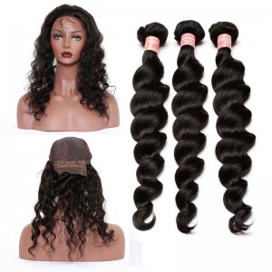 360 Frontal Closure With 3 Bundles Loose Wave Brazilian Virgin Hair 360 Lace Band Frontal with Cap