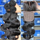 Sunny Queen Brazilian Virgin Hair Body Wave 4X4inches Middle Part Silk Base Closure with 3pcs Weaves
