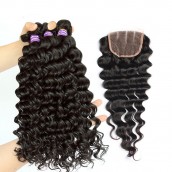 Sunny Queen Deep Wave Brazilian Virgin Hair Free Part Lace Closure with 3pcs Weave Bundles