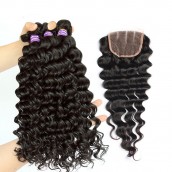 Sunny Queen Peruvian Virgin Hair Deep Wave Hair Extensions Free Part Lace Closure with 3pcs Weaves