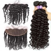 Sunny Queen Natural Color Deep Wave Brazilian Virgin Hair Lace Frontal Closure Free Part With 3pcs Weaves