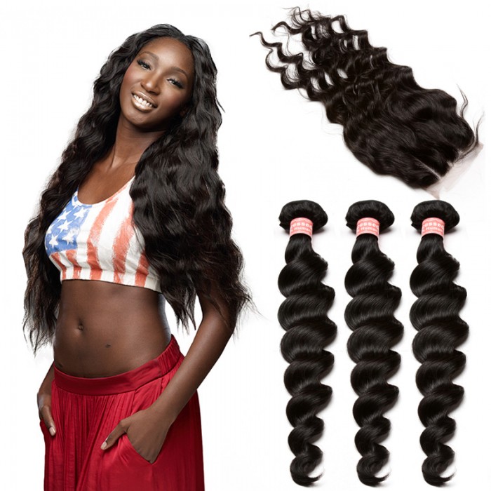 Brazilian Virgin Human Hair Extensions Loose Wave 3 Bundles With 1