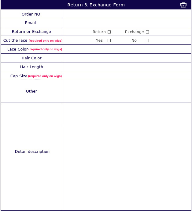 SunnyQueenHair.com exchange and return order form.
